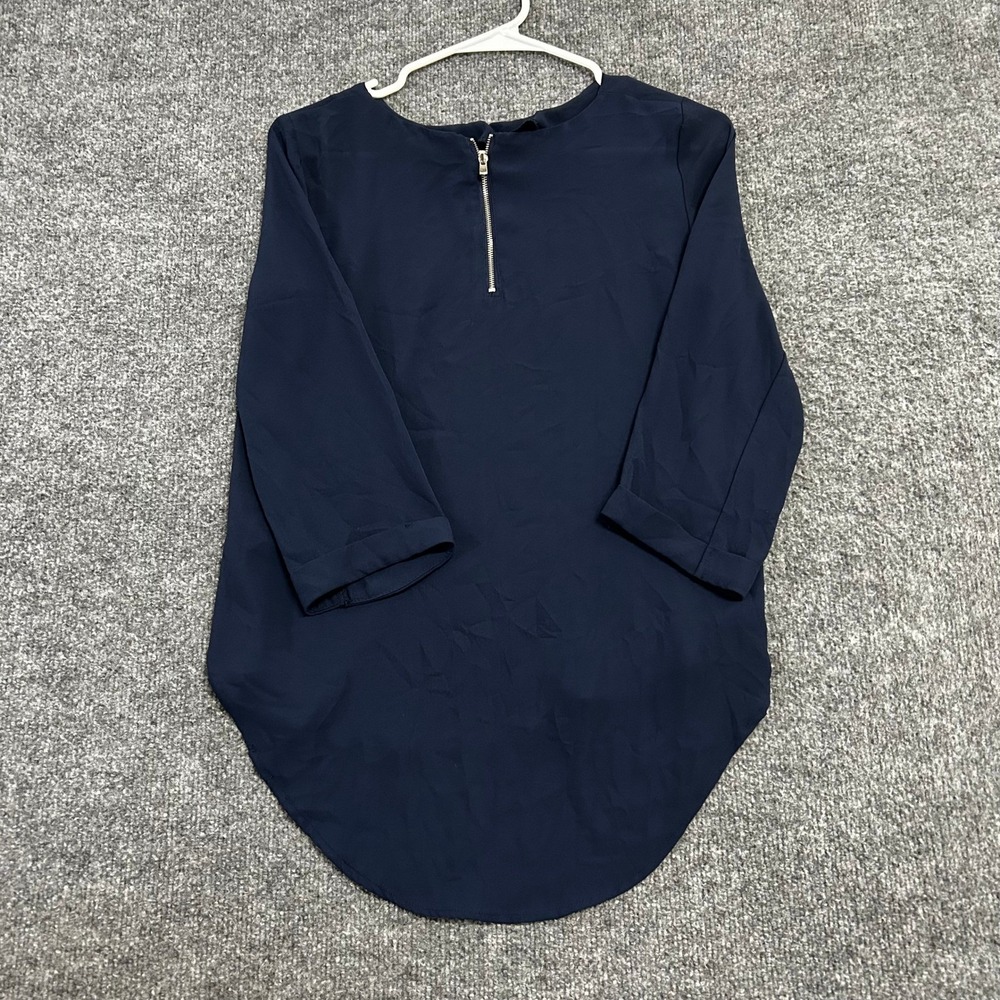 Forever 21 Blouse Womens Size S Navy Blue 3/4 Sleeve Back Zip High Low Hem